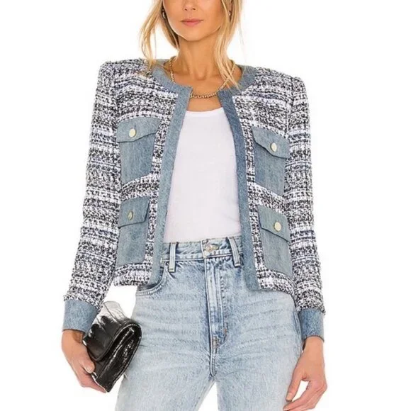 Alice + Olivia Avis Combo Patch Pocket Jacket in Blue Eyes Multi - Picture 1 of 11